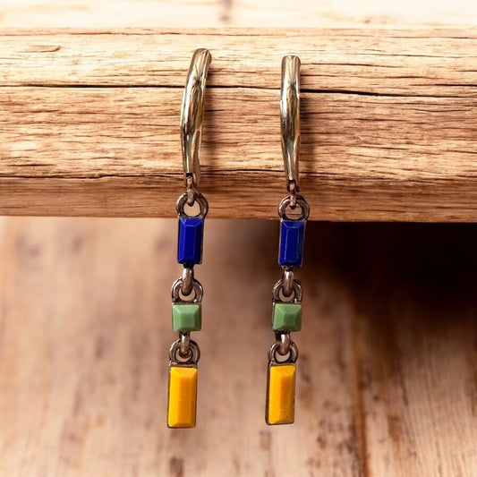 Minimal Chain Link Earrings, Blue, Green & Yellow,  Long- Upcycled Ltd Edition