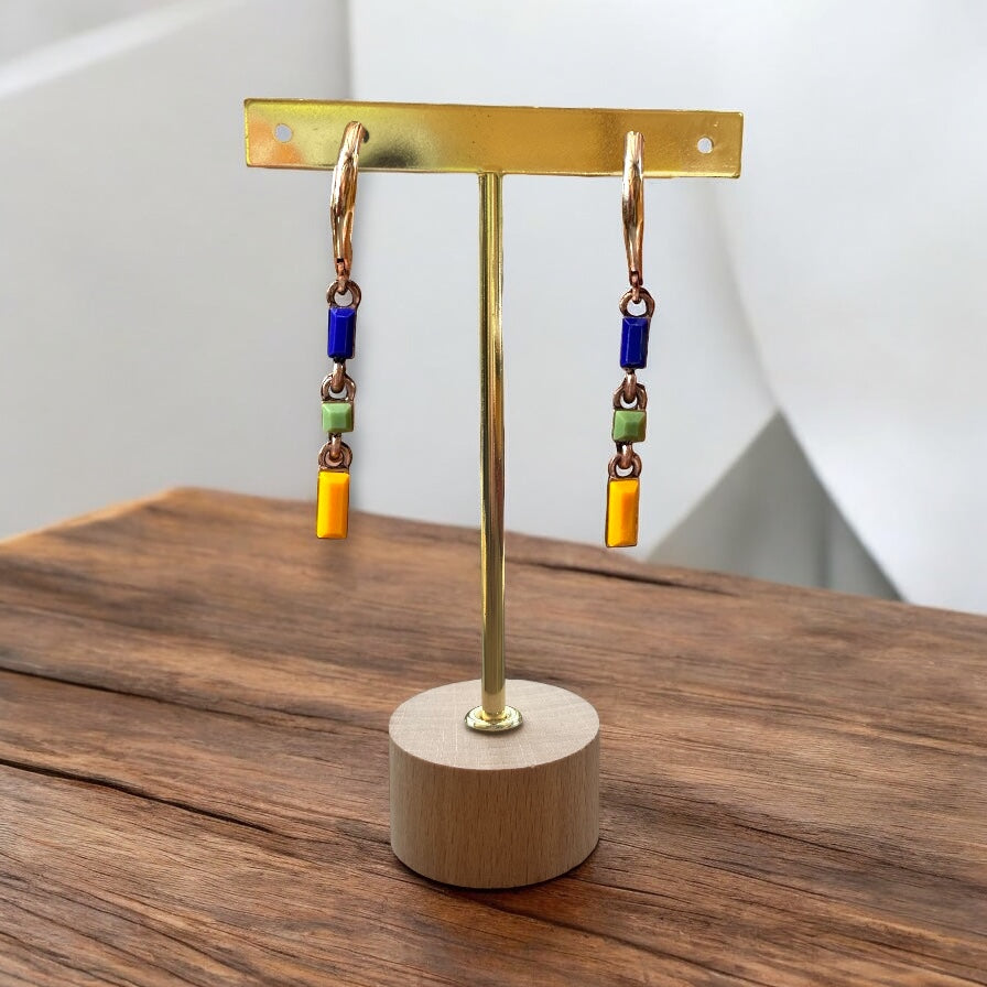 Minimal Chain Link Earrings, Blue, Green & Yellow,  Long- Upcycled Ltd Edition