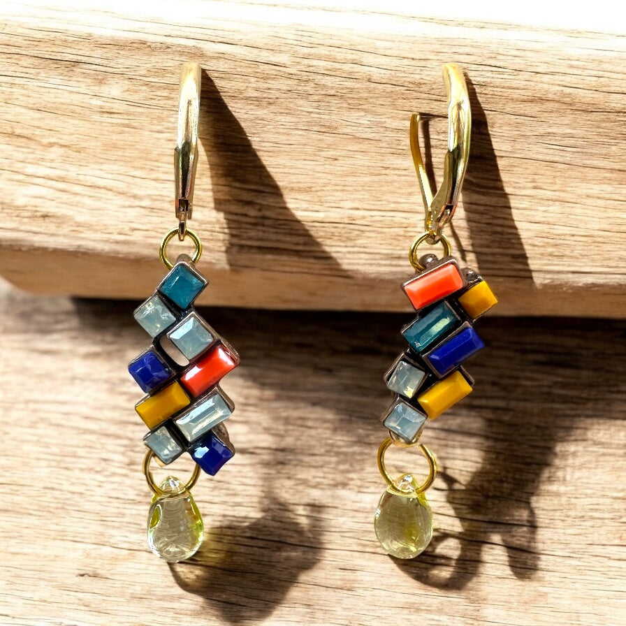 Multicolour Cluster Earrings, with tear drop- Upcycled Ltd Edition