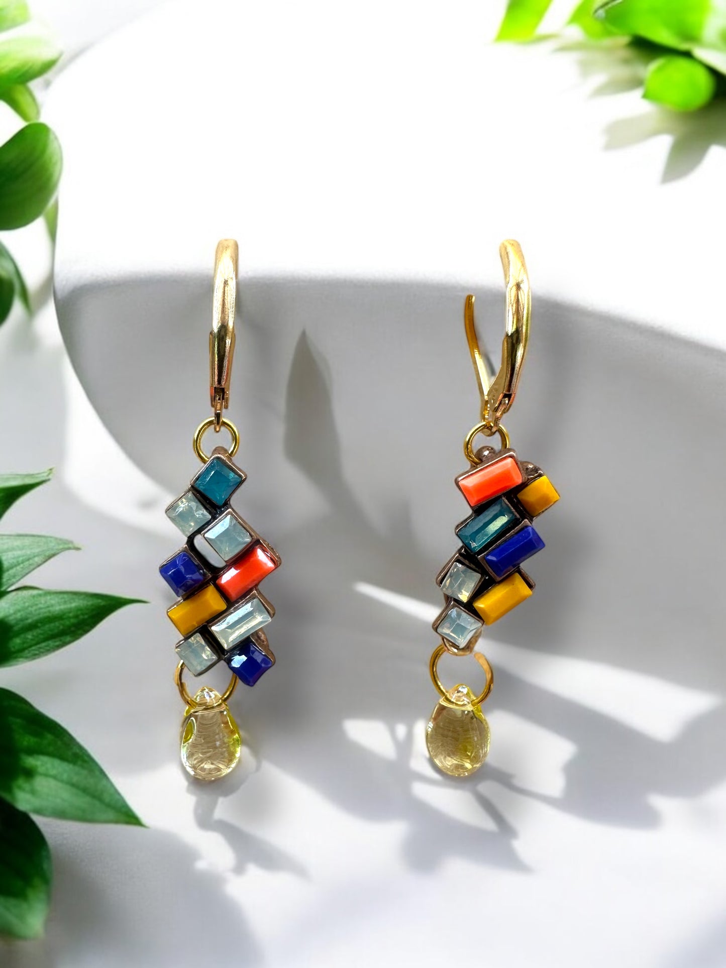 Multicolour Cluster Earrings, with tear drop- Upcycled Ltd Edition