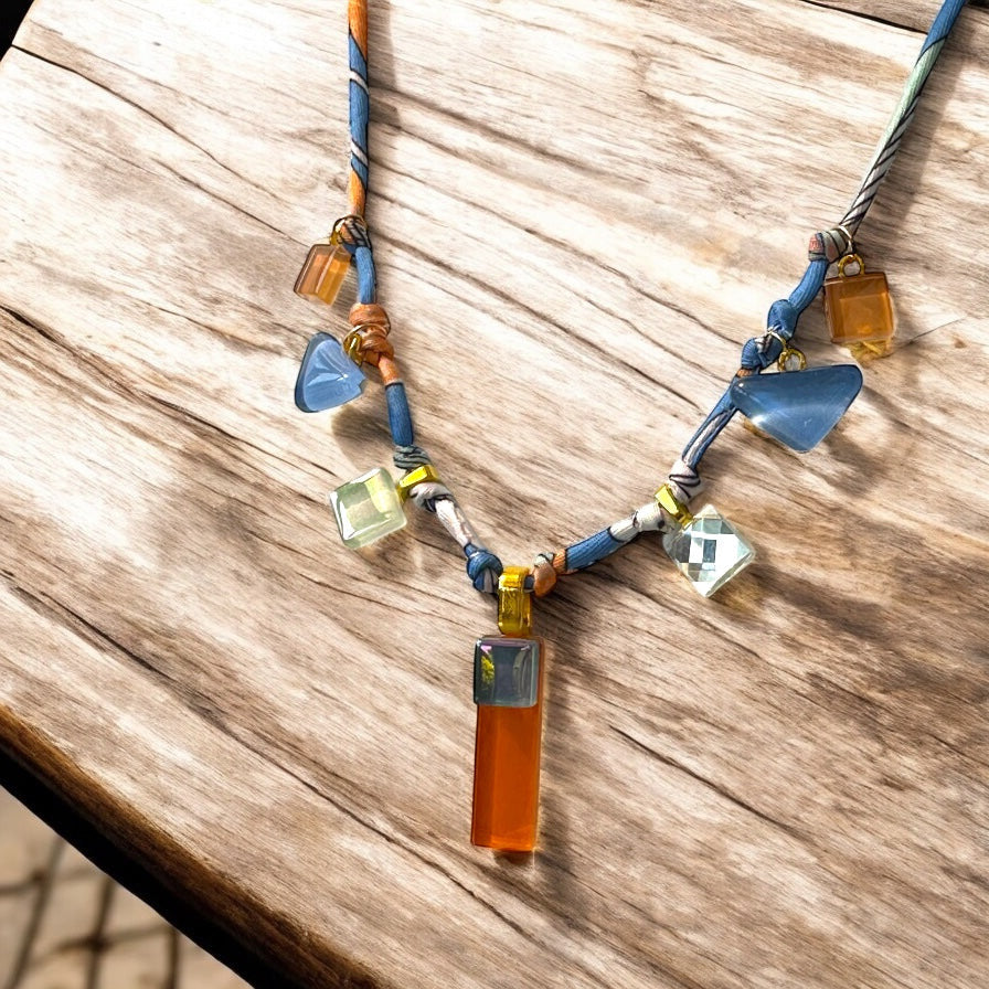Fabric Cord Glass Charms Necklace, Blue & Orange
