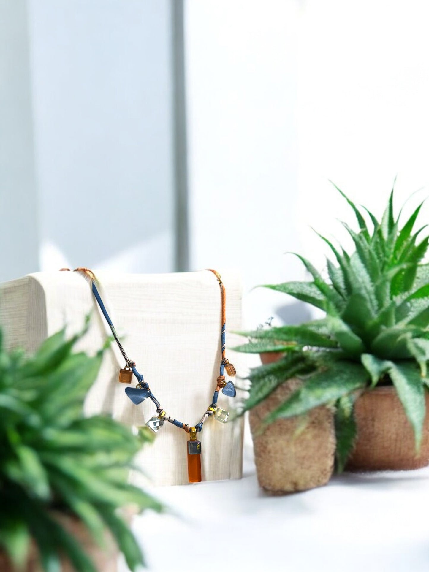 Fabric Cord Glass Charms Necklace, Blue & Orange