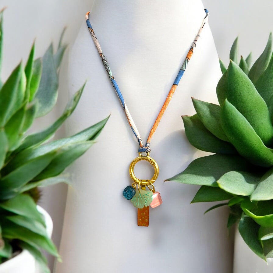 Fabric Cord, Clasp & Glass Charms Necklace