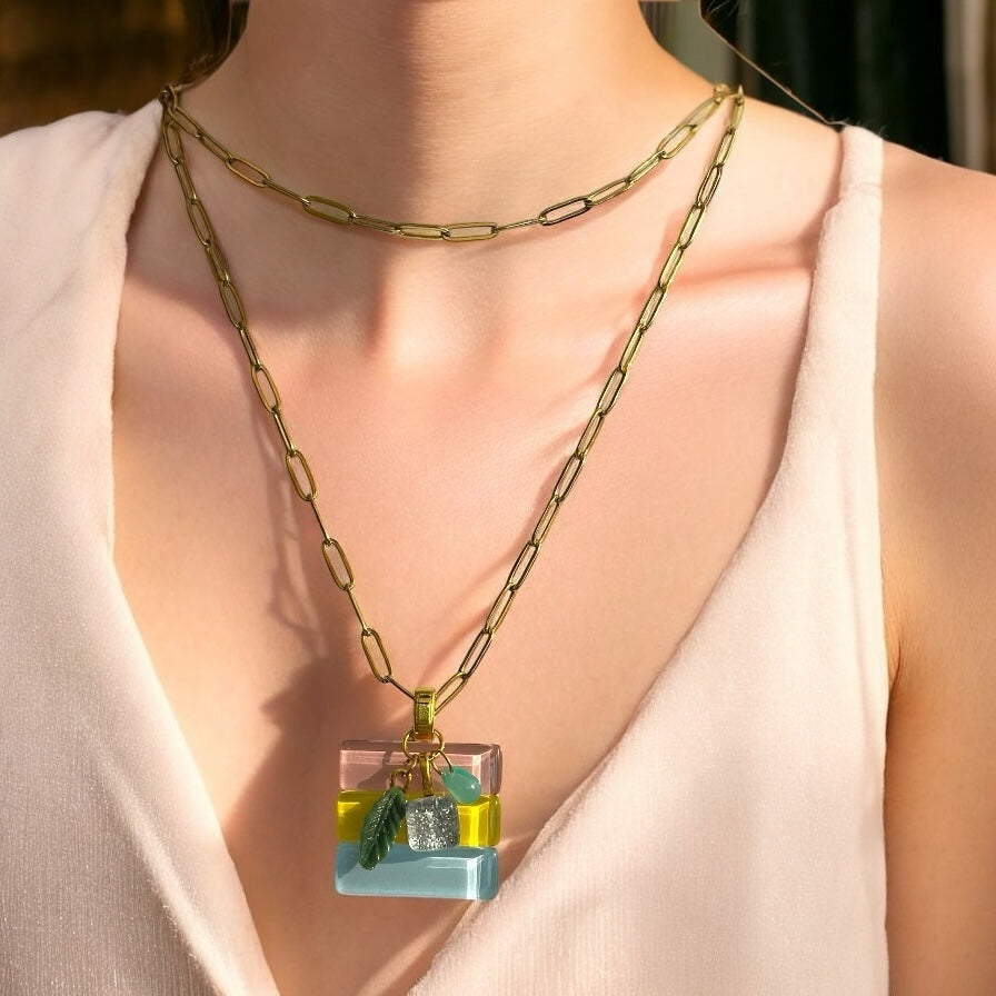 Fused Glass Multiway Pendant Necklace, Pink, Yellow & Blue