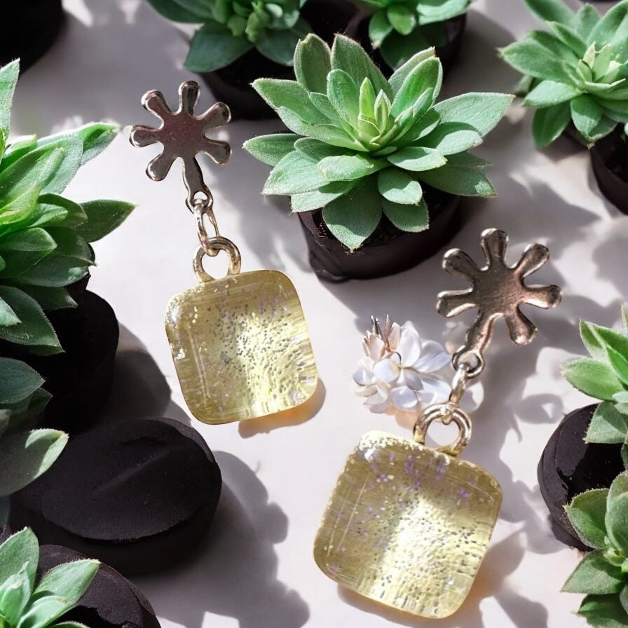 Glass Square Flower Stud Earrings, Champagne