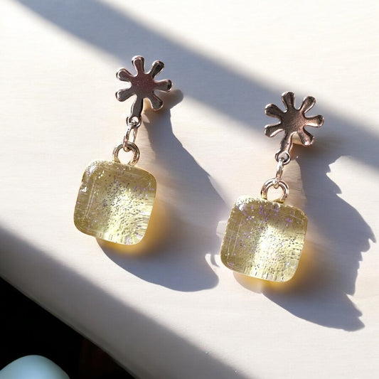 Glass Square Flower Stud Earrings, Champagne