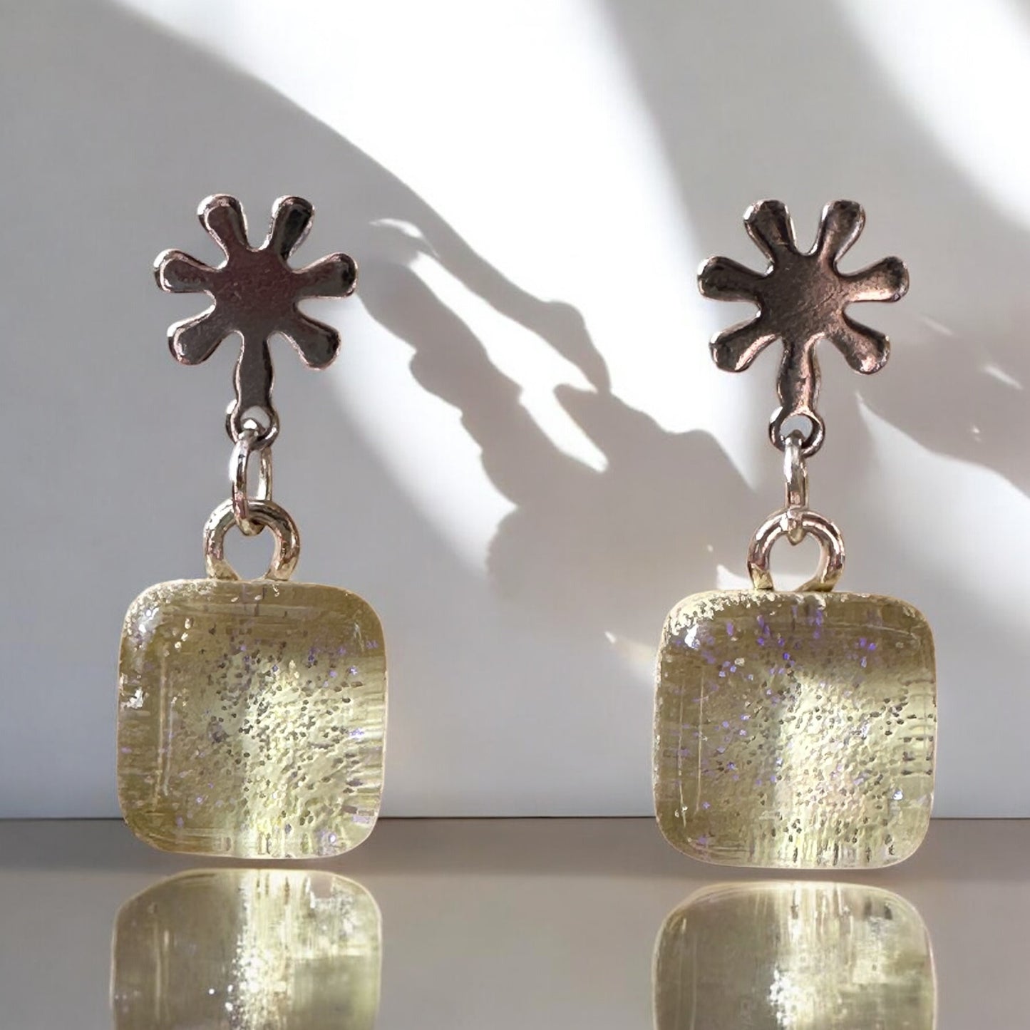 Glass Square Flower Stud Earrings, Champagne