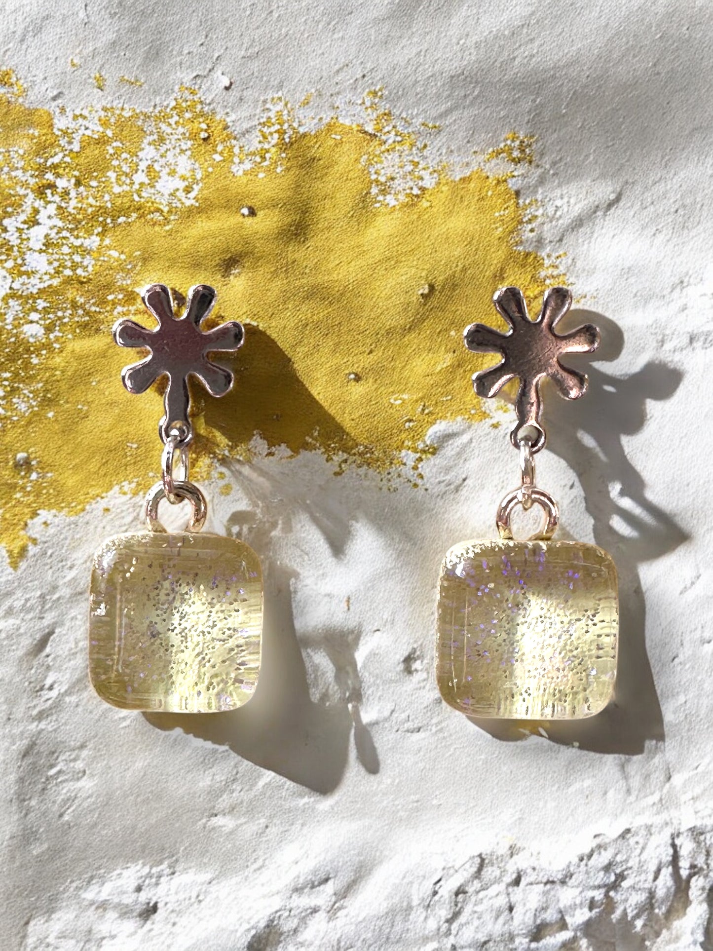 Glass Square Flower Stud Earrings, Champagne