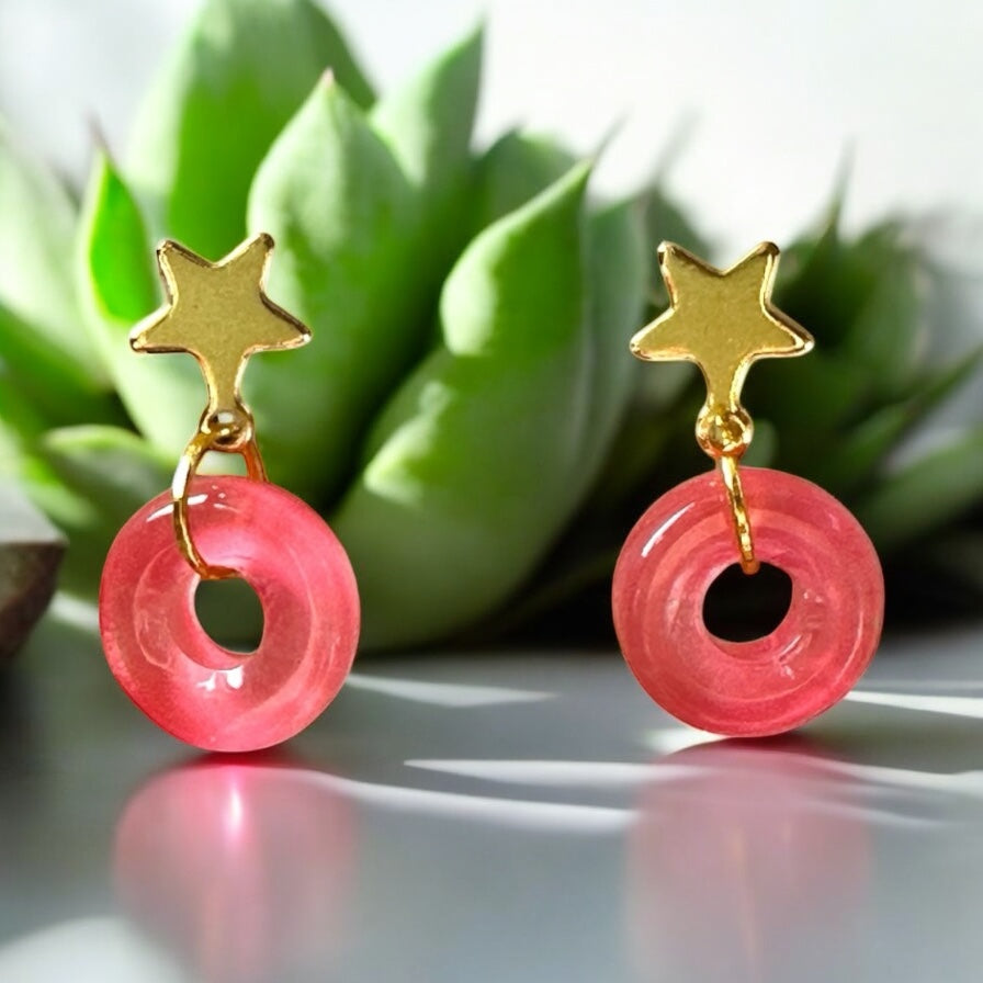 Ring & Star Glass Stud Earrings, in Pink, Watermelon, Red & Blue