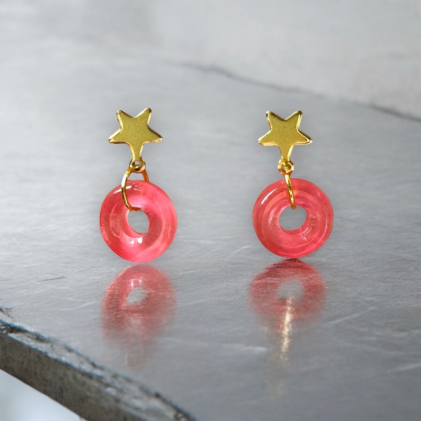Ring & Star Glass Stud Earrings, in Pink, Watermelon, Red & Blue