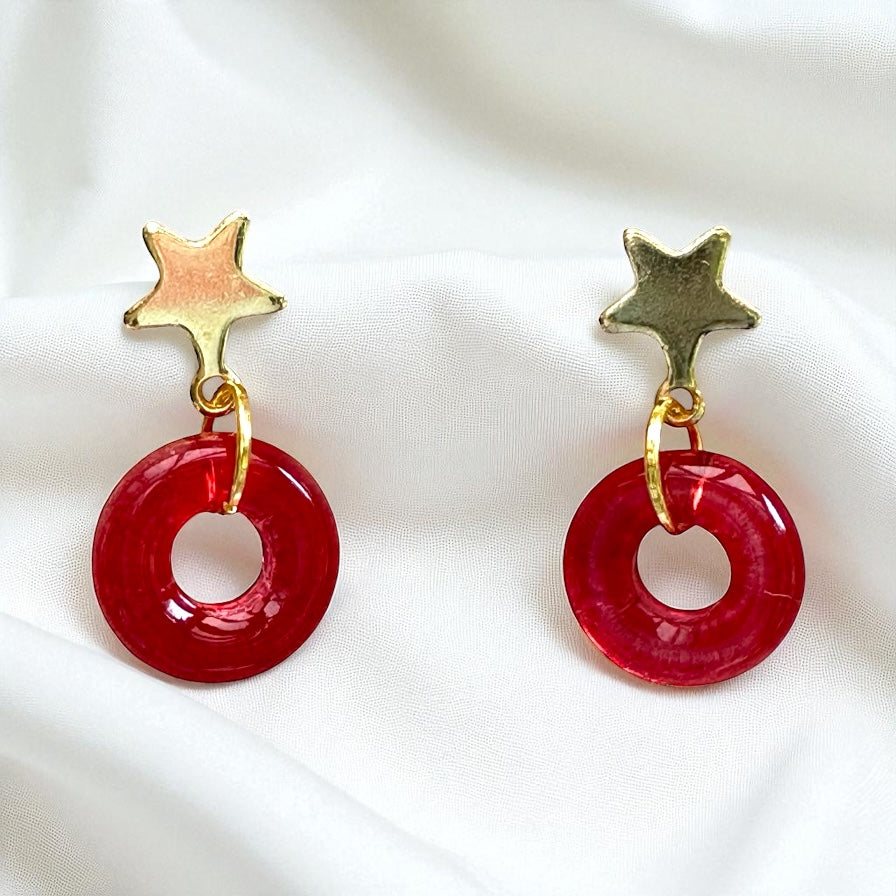 Ring & Star Glass Stud Earrings, in Pink, Watermelon, Red & Blue
