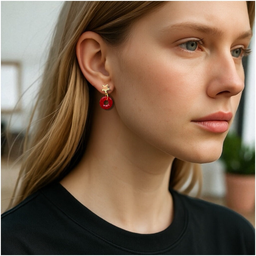 Ring & Star Glass Stud Earrings, in Pink, Watermelon, Red & Blue