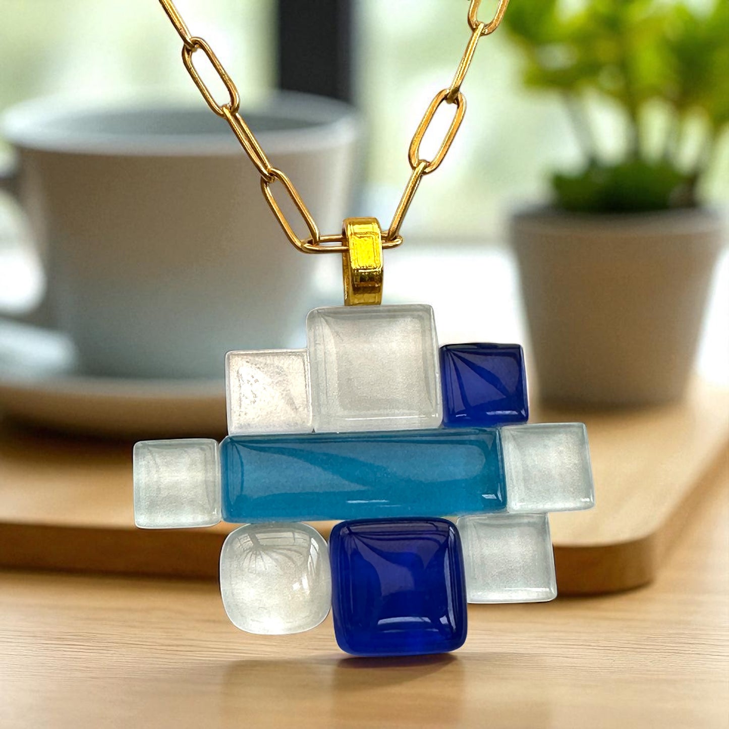 Fused Glass Multiway Abstract Pendant Necklace, White & Blue
