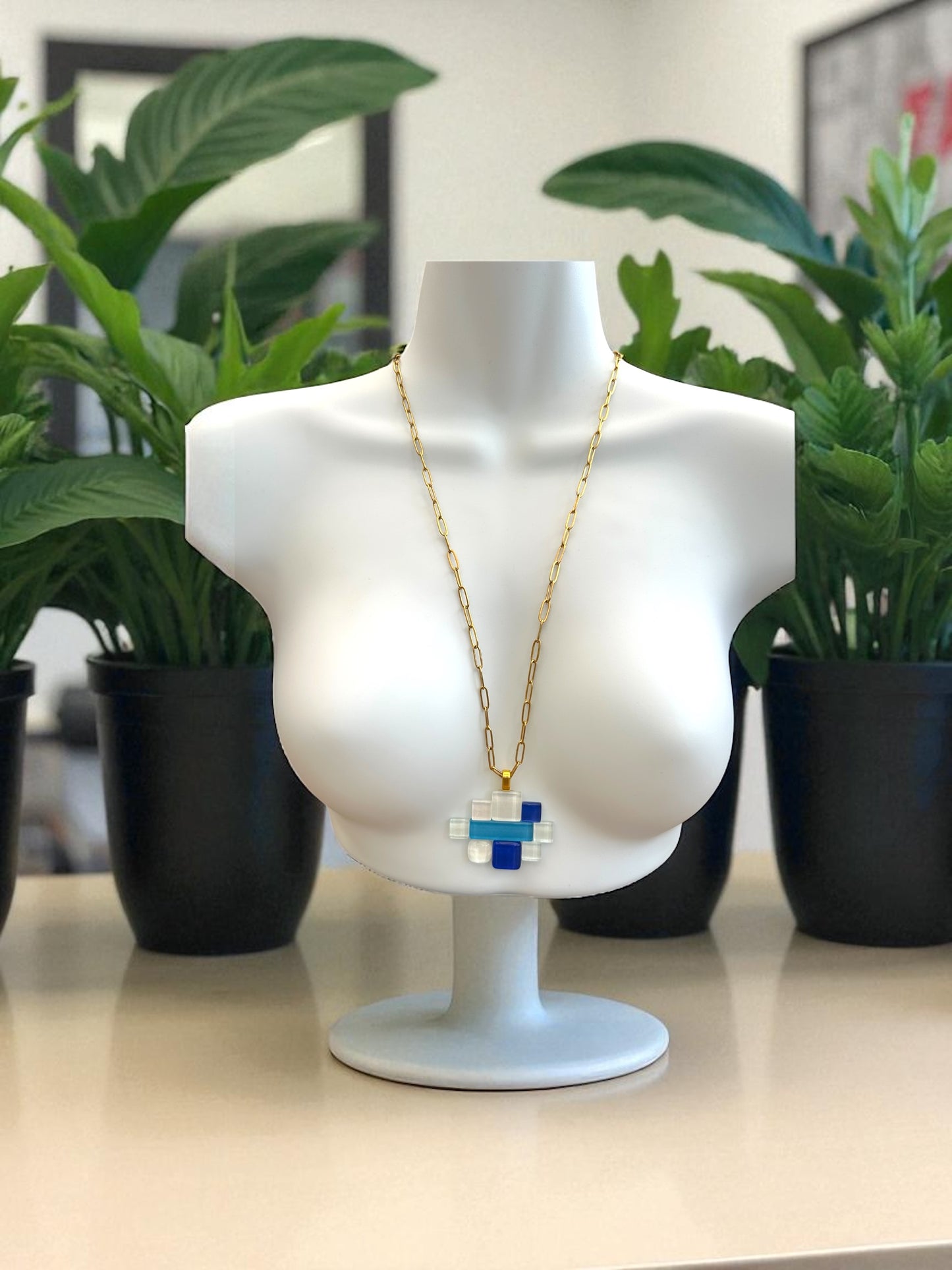 Fused Glass Multiway Abstract Pendant Necklace, White & Blue