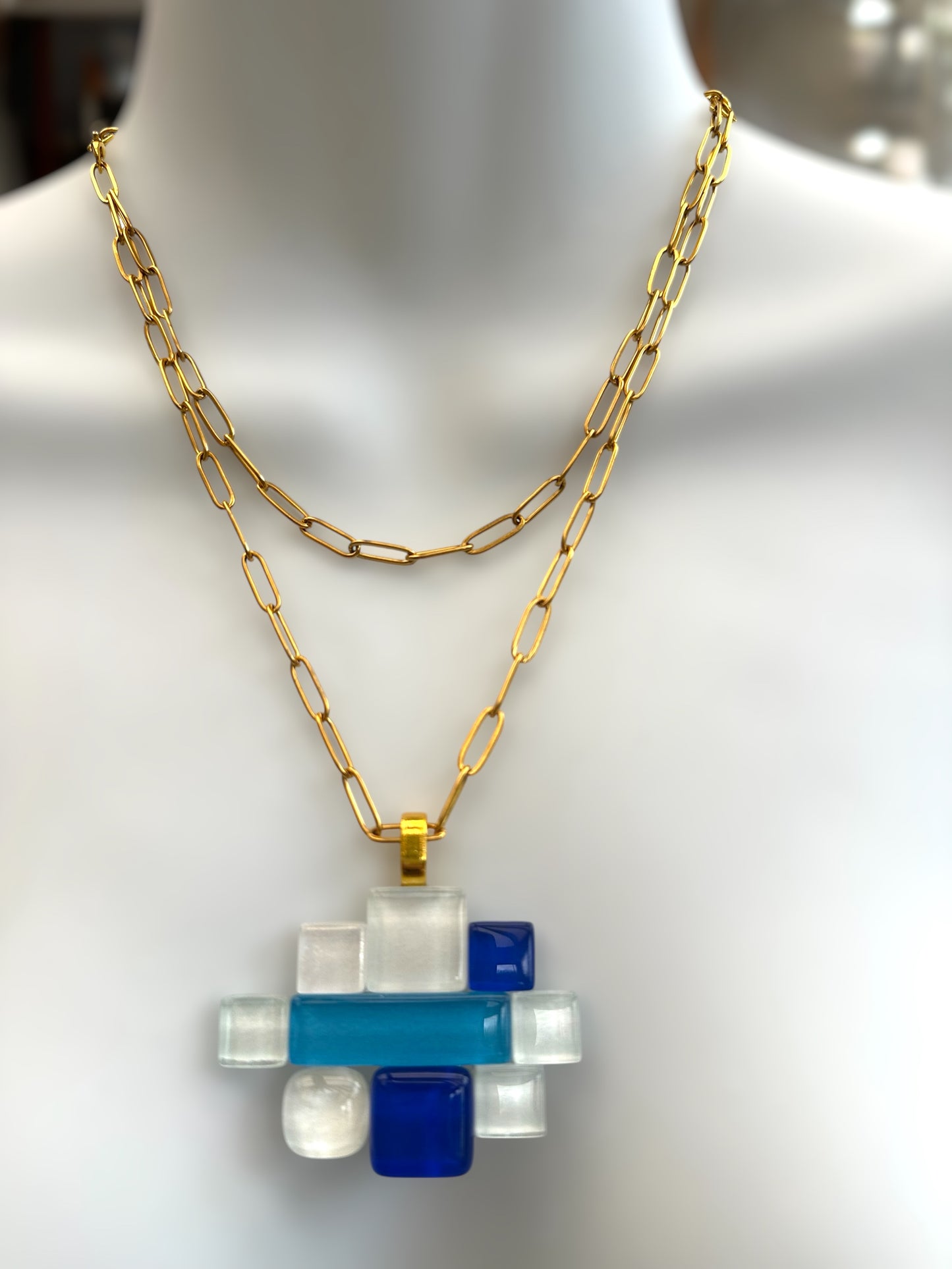 Fused Glass Multiway Abstract Pendant Necklace, White & Blue