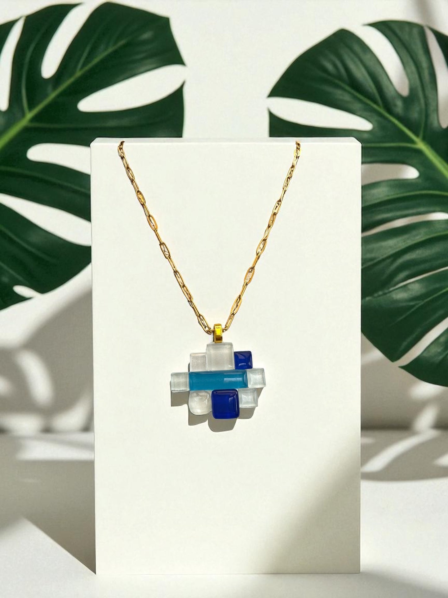 Fused Glass Multiway Abstract Pendant Necklace, White & Blue