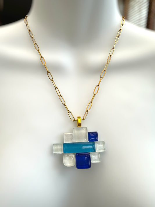 Fused Glass Multiway Abstract Pendant Necklace, White & Blue