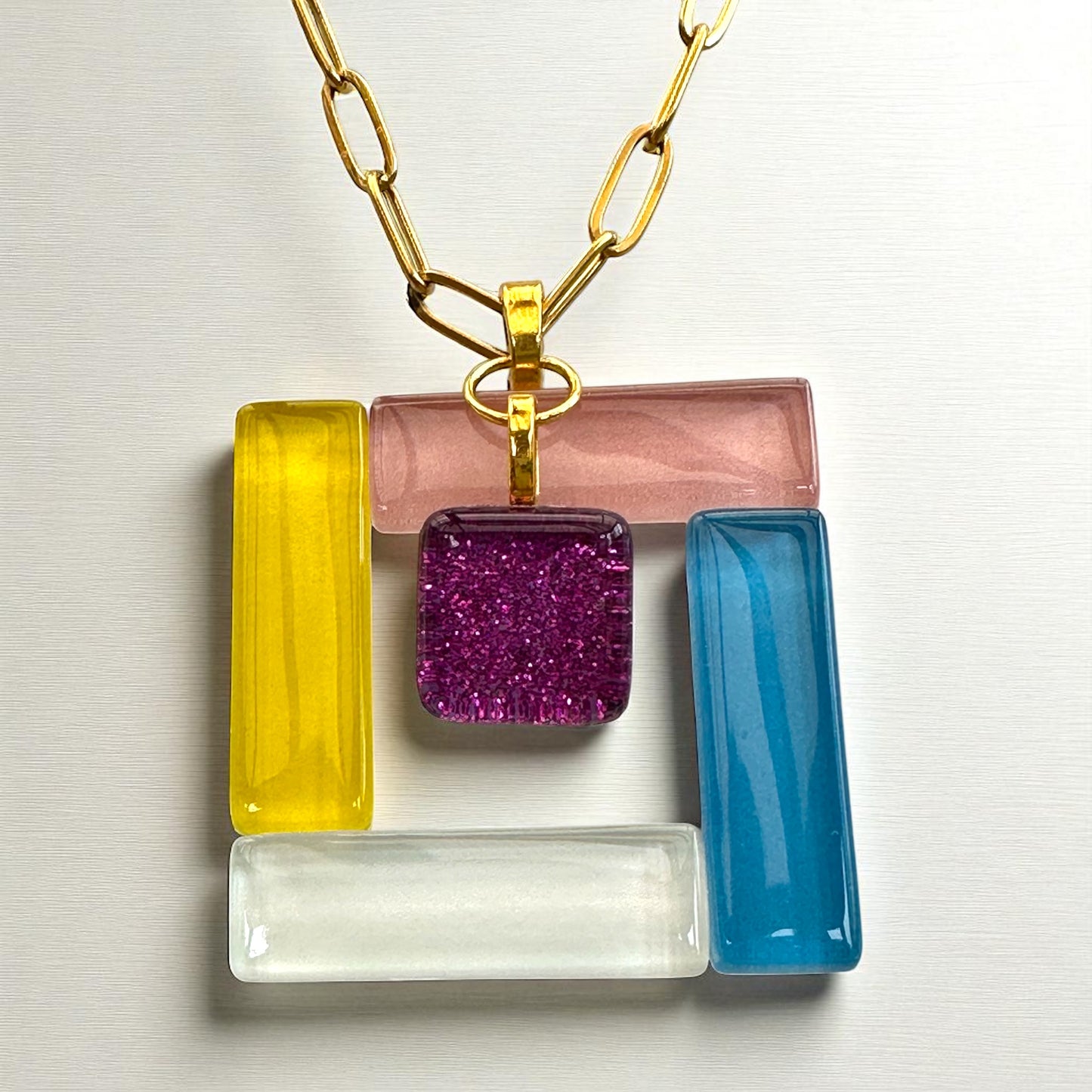 Fused Glass Multiway Square Pendant Necklace, with Magenta Charm