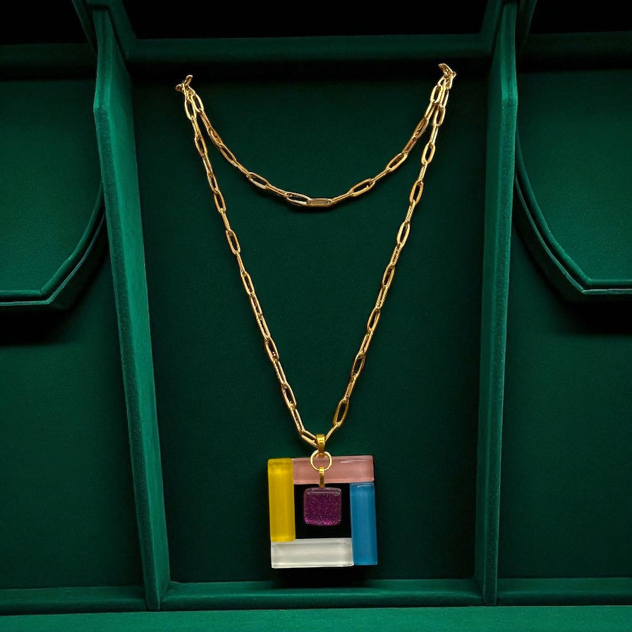 Fused Glass Multiway Square Pendant Necklace, with Magenta Charm