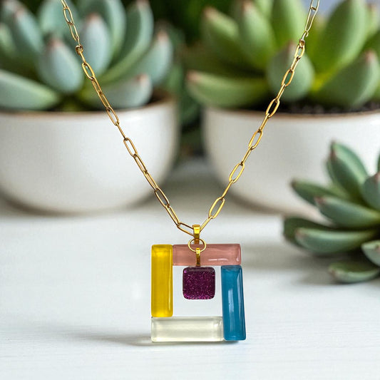 Fused Glass Multiway Square Pendant Necklace, with Magenta Charm