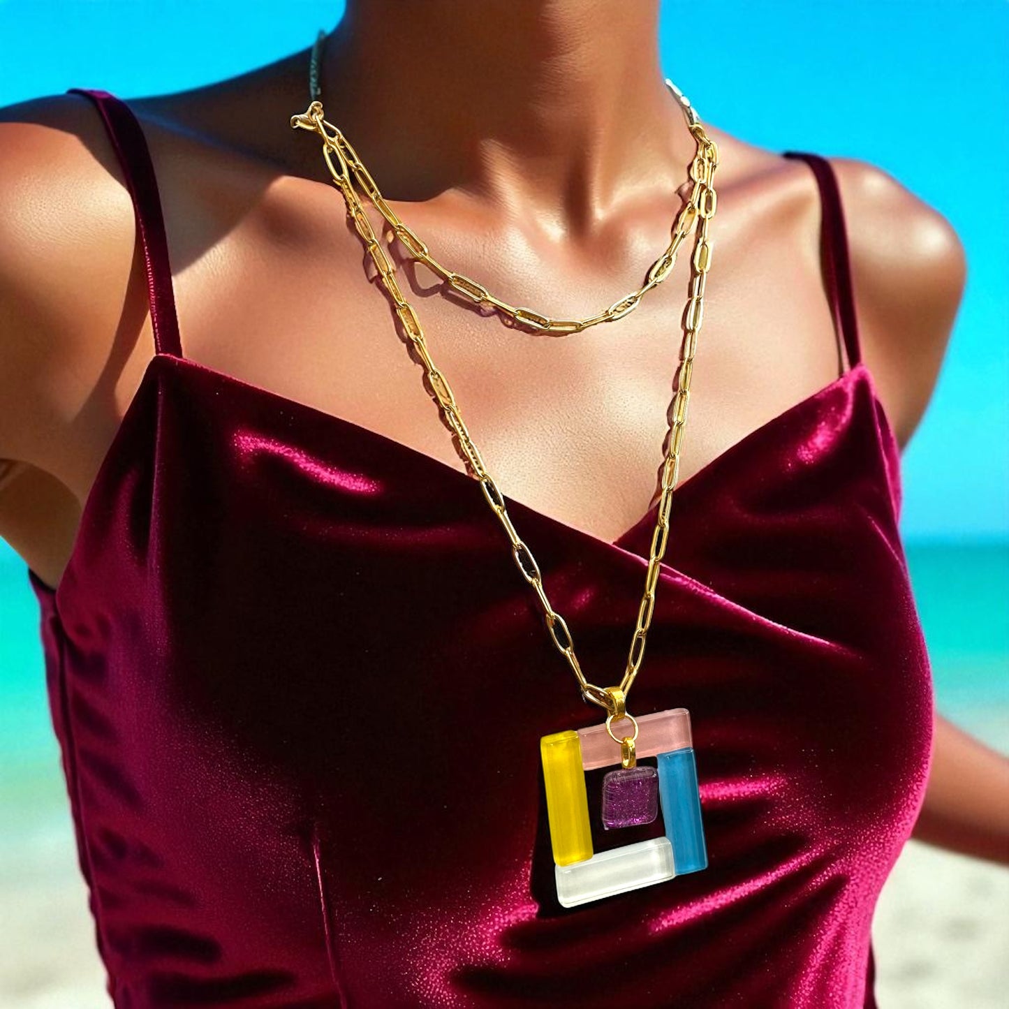 Fused Glass Multiway Square Pendant Necklace, with Magenta Charm