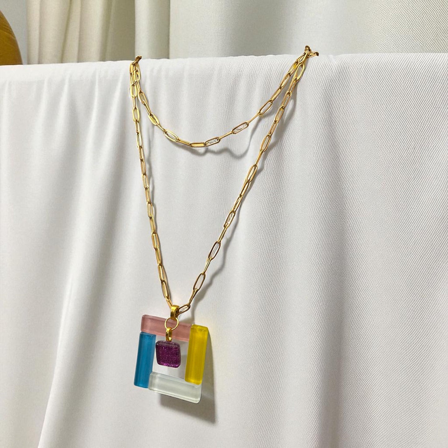 Fused Glass Multiway Square Pendant Necklace, with Magenta Charm