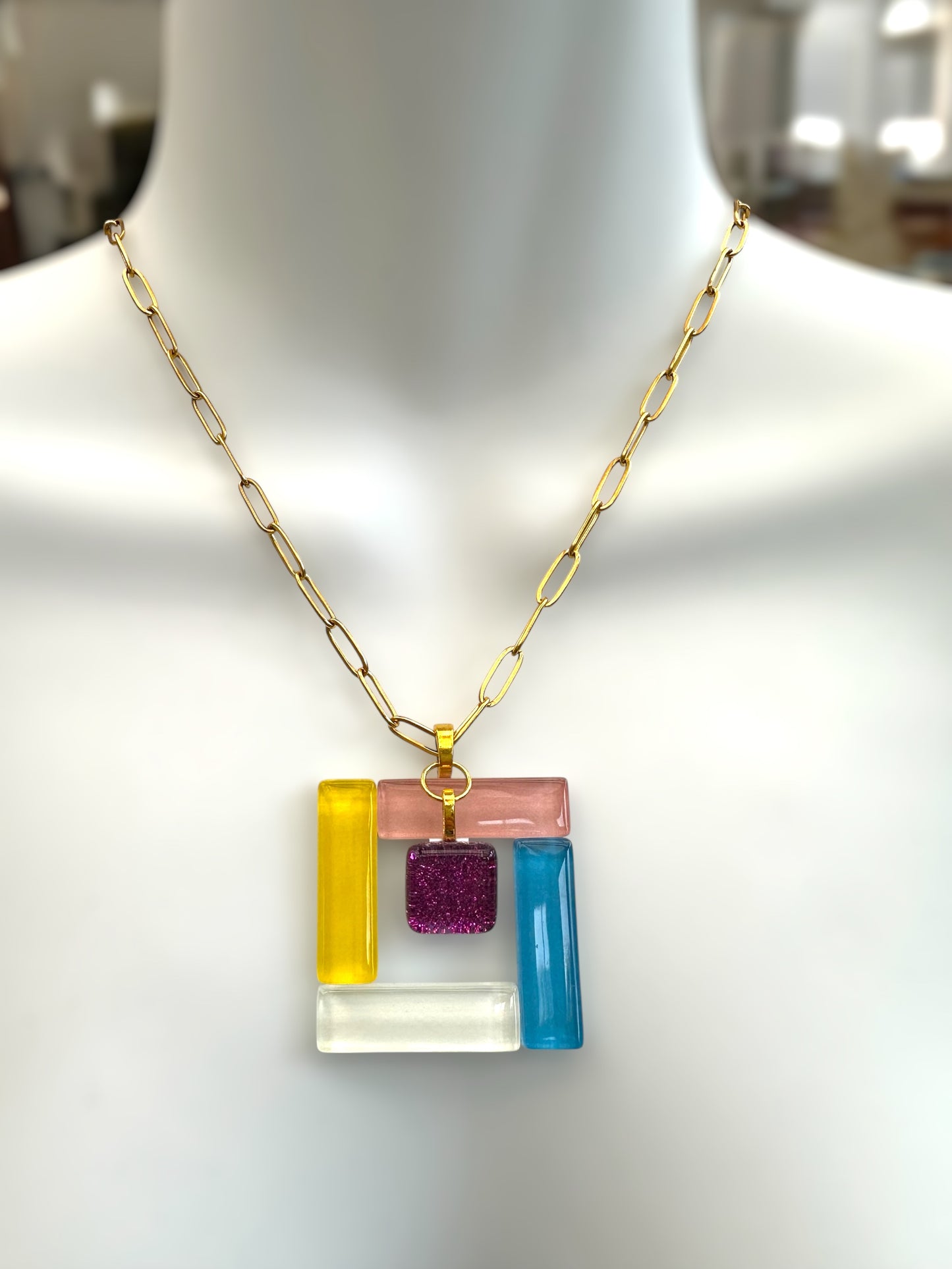 Fused Glass Multiway Square Pendant Necklace, with Magenta Charm