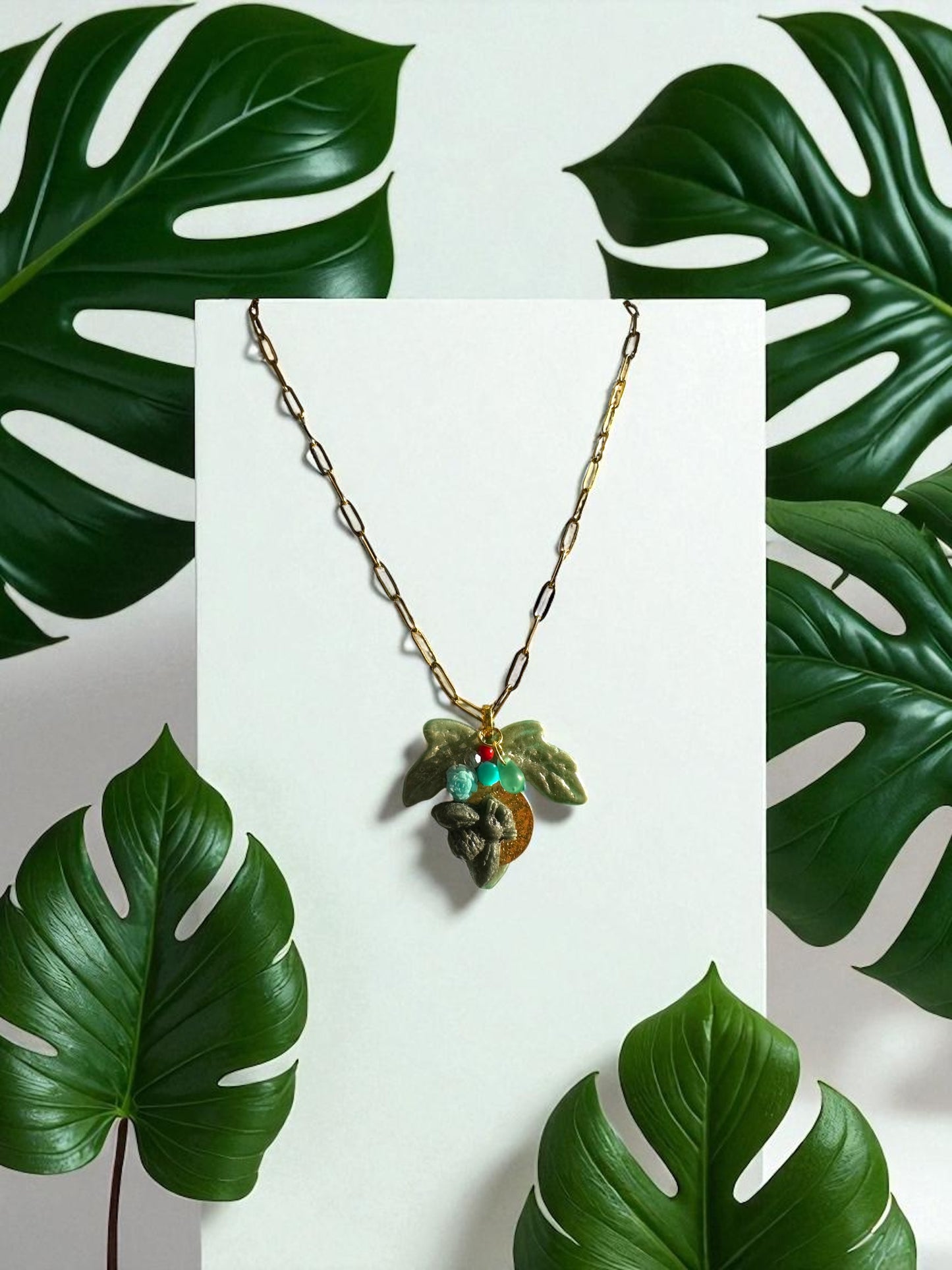 Unique Fused Glass Multiway Leaf & Bee Pendant Necklace