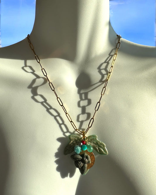 Necklace with a decorative pendant on a mannequin against a blue sky background