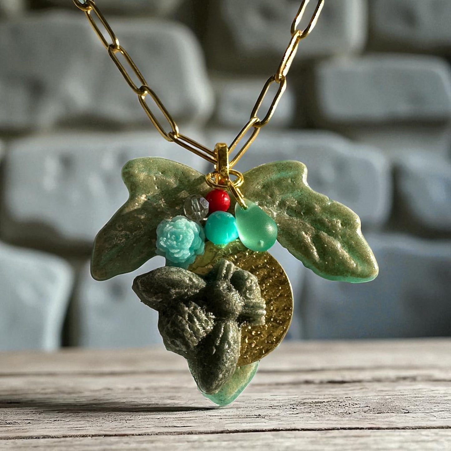 Unique Fused Glass Multiway Leaf & Bee Pendant Necklace