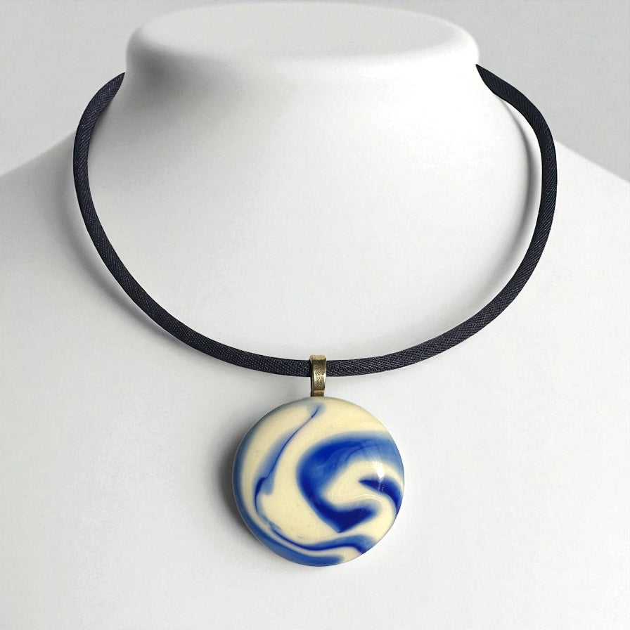 Unique Fused Glass Marble Pendant Necklace, White & Blue