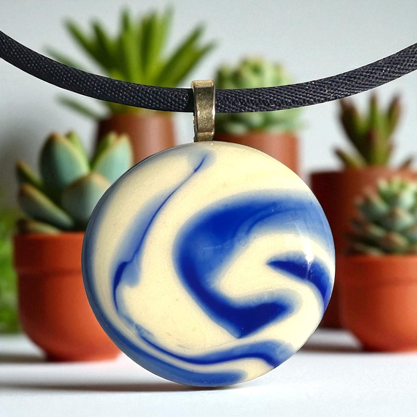 Unique Fused Glass Marble Pendant Necklace, White & Blue