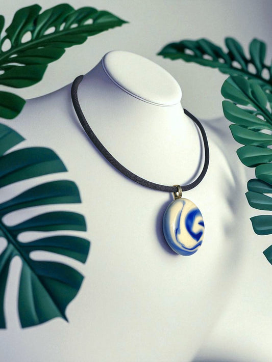 Unique Fused Glass Marble Pendant Necklace, White & Blue