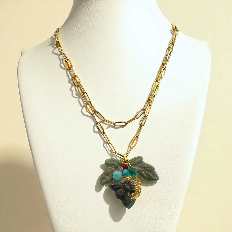 Unique Fused Glass Multiway Leaf & Bee Pendant Necklace