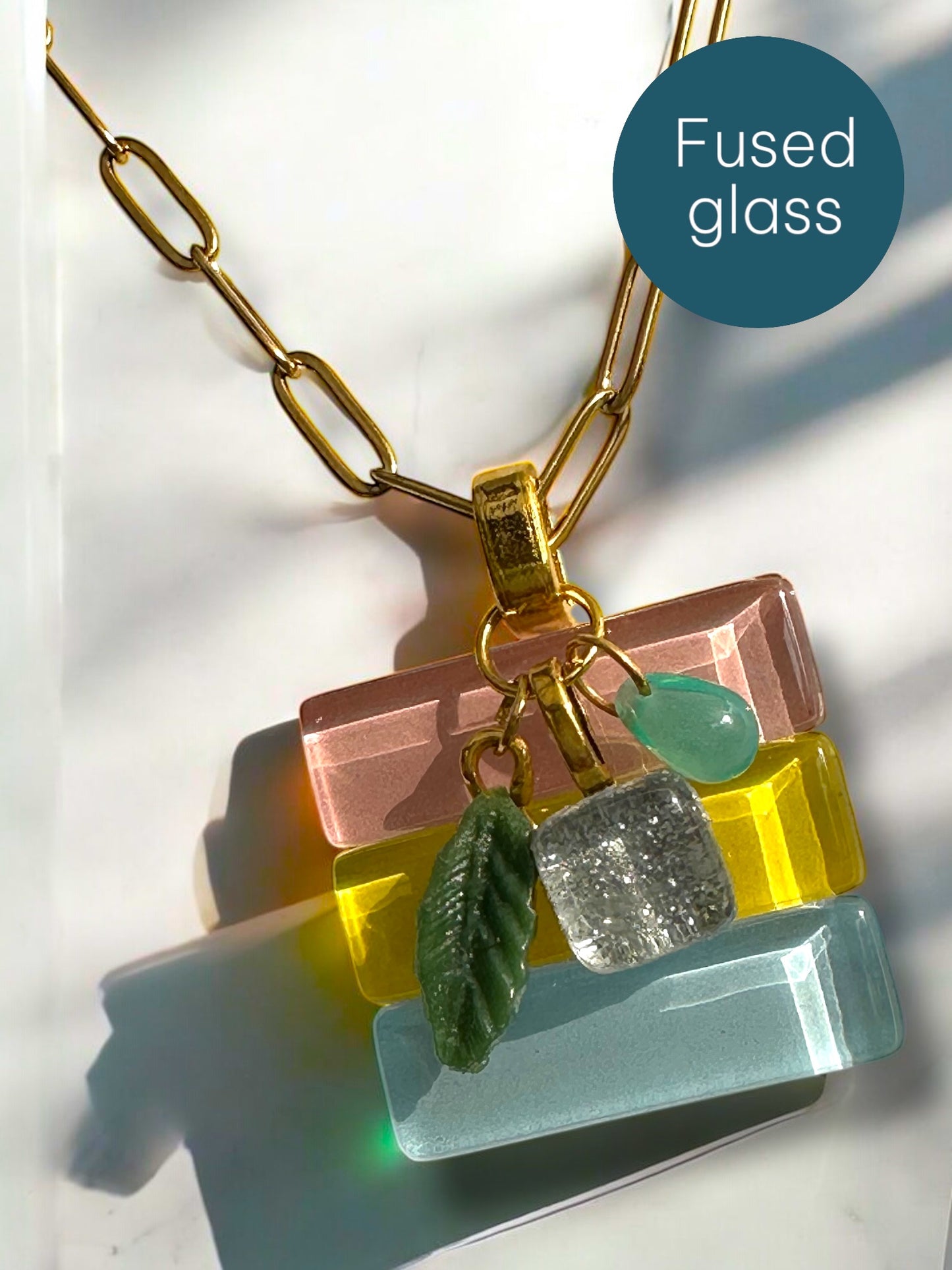 Fused Glass Multiway Pendant Necklace, Pink, Yellow & Blue