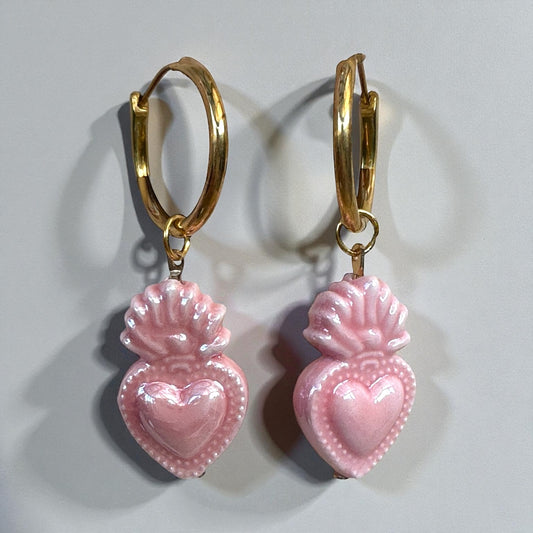 Sacred Heart Ceramic Loop Earrings - Pink