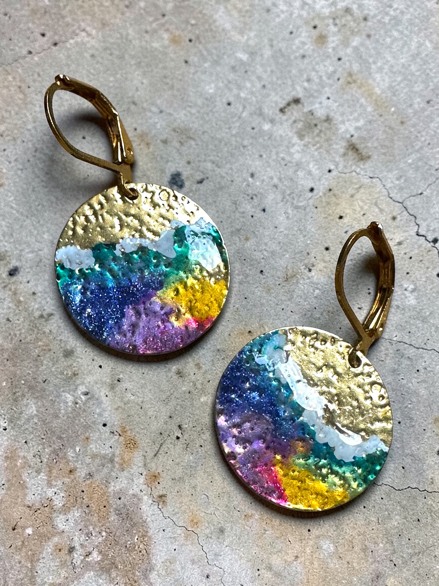 Cold Enamel Coin Earrings, white, Bluegreen, Yellow & Purple