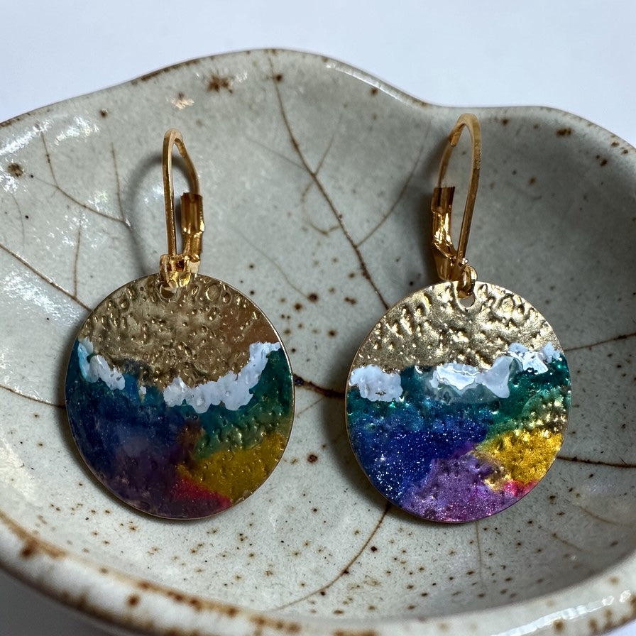 Cold Enamel Coin Earrings, white, Bluegreen, Yellow & Purple