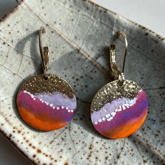 Cold Enamel Coin Earrings, Lavander, White, Purple and Neon Orange
