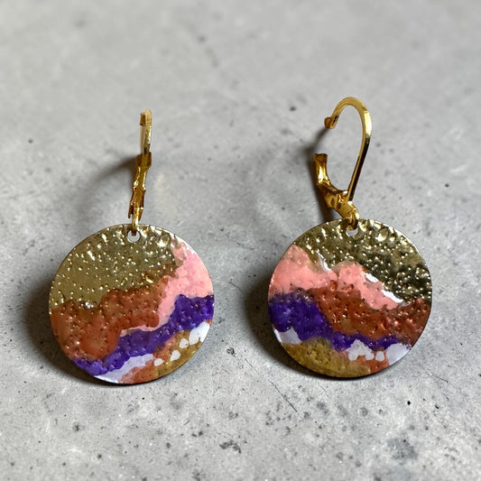 Cold Enamel Coin Earrings, Salmon, Copper, Purple, White and Gold
