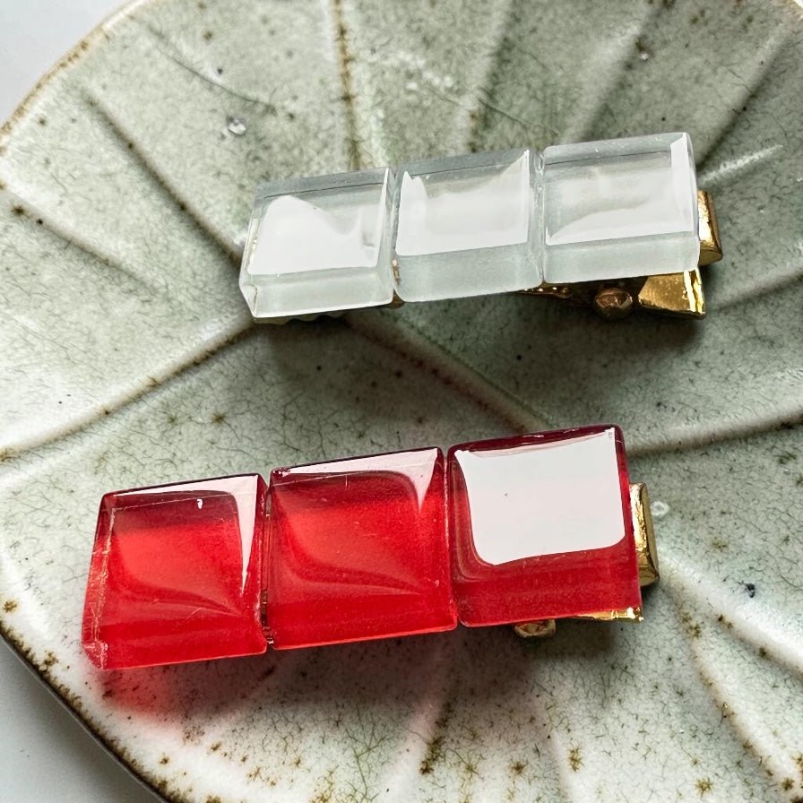 Small Glass Hair Clips, Red and White Squares - hair - Eclectic Blue Studio