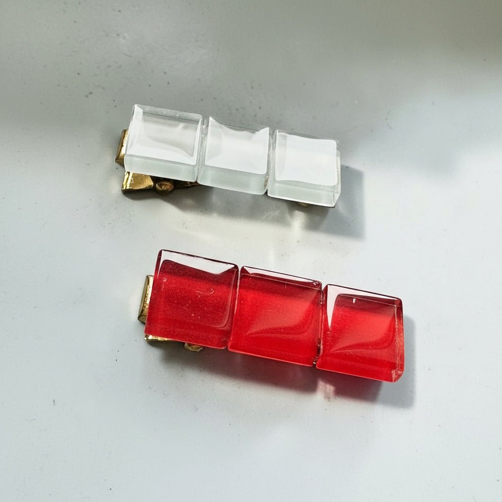 Small Glass Hair Clips, Red and White Squares - hair - Eclectic Blue Studio