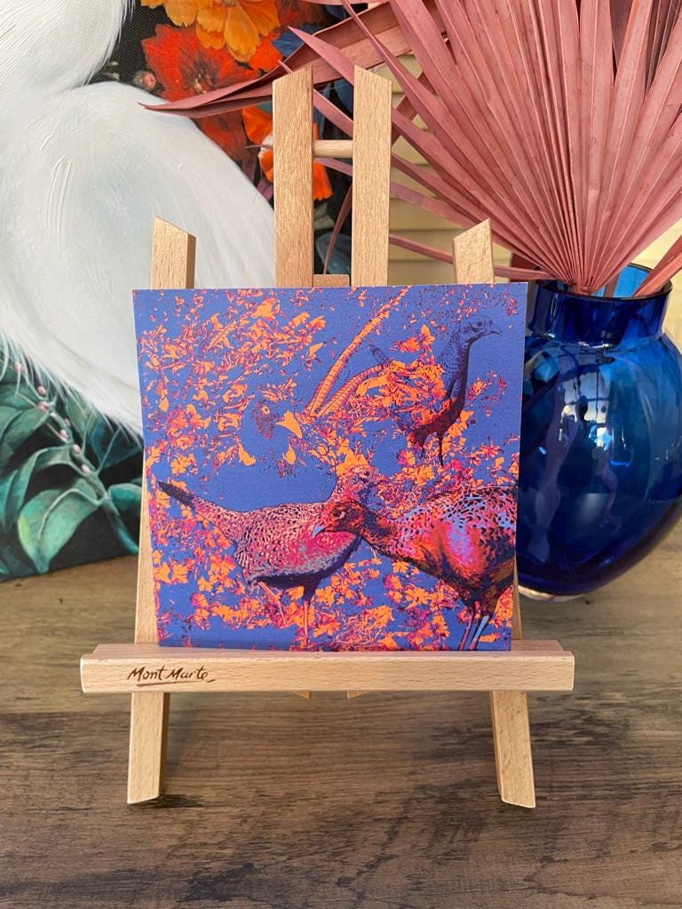 'Cock Pheasant and Three Hens', Square Greetings Card