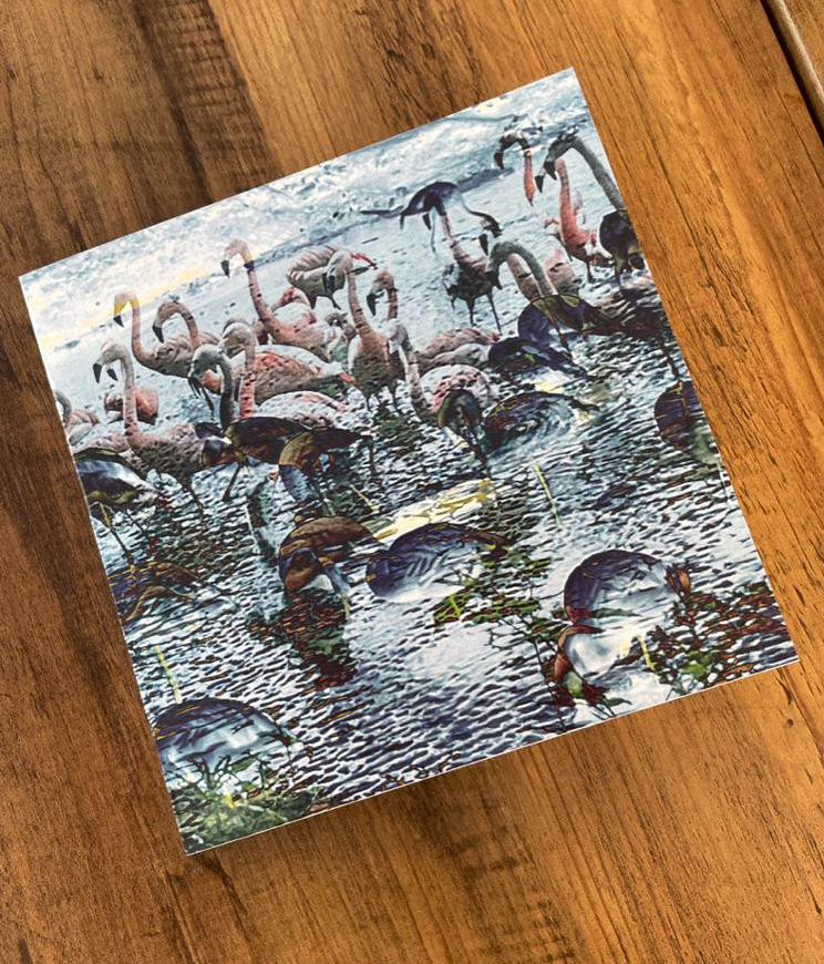 'Flamingos in the Moonlight', Square Greetings Card