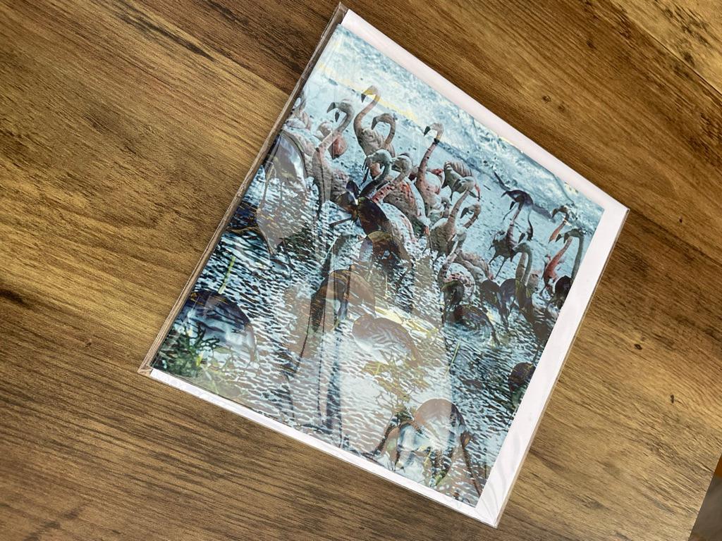 'Flamingos in the Moonlight', Square Greetings Card