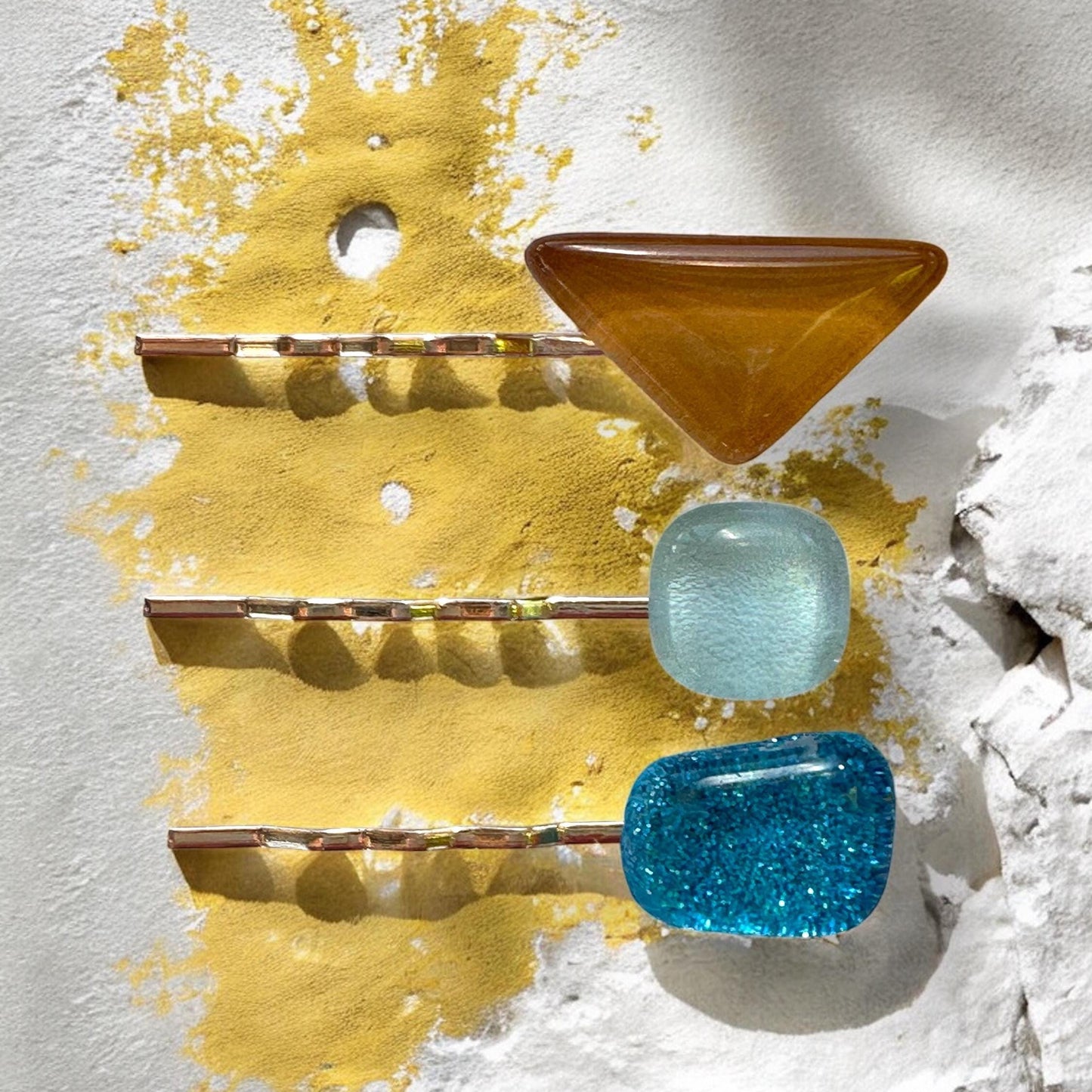 Glass Hair Pin Set, in Caramel, Aqua & Sparkly Blue