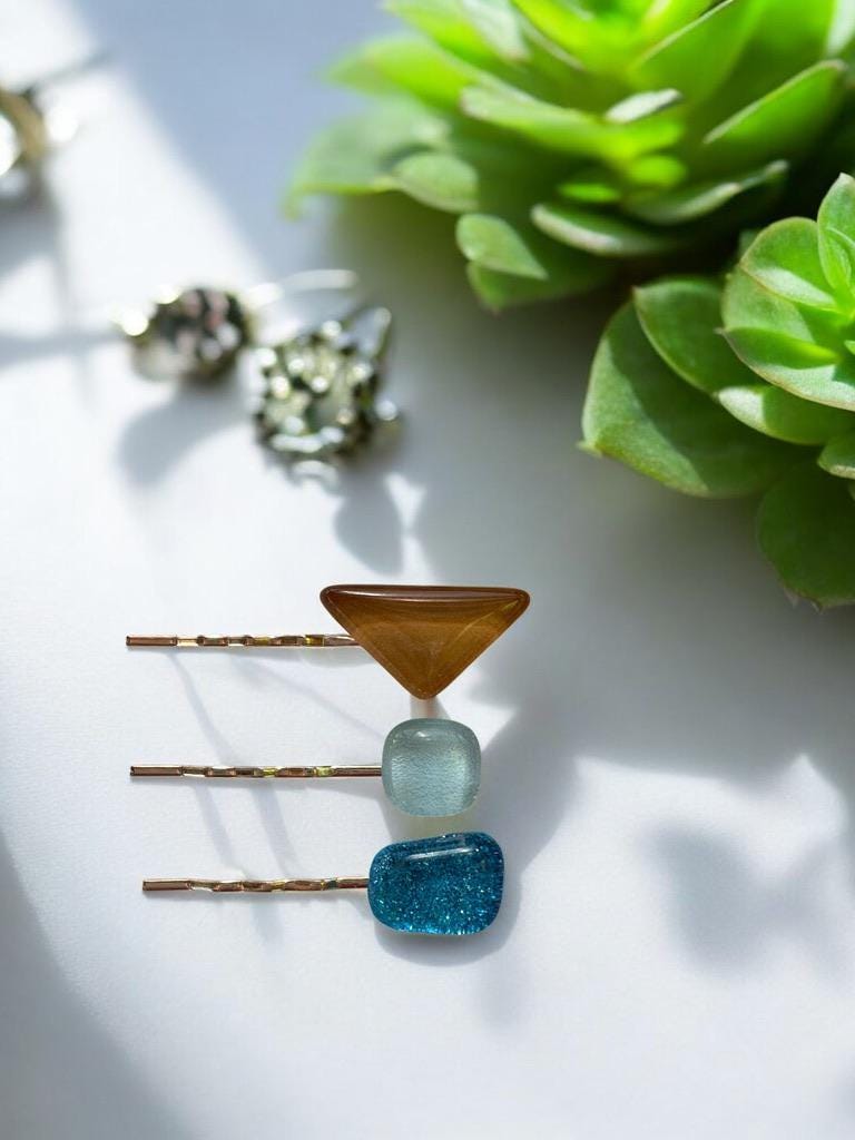 Glass Hair Pin Set, in Caramel, Aqua & Sparkly Blue
