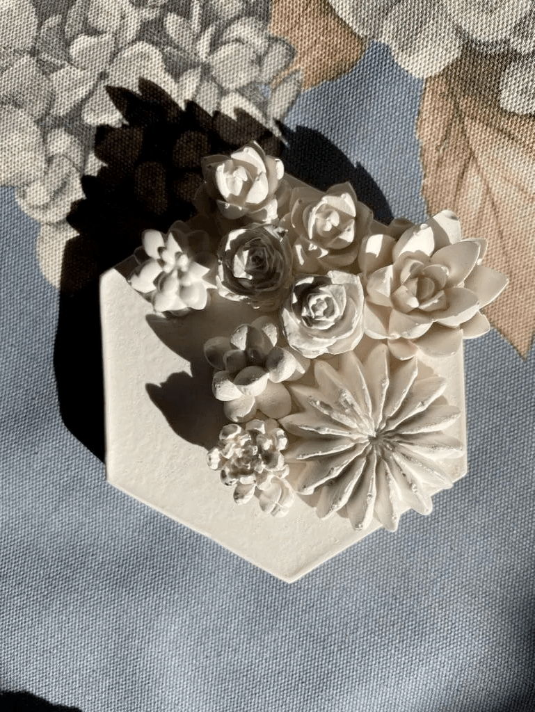 Succulent Garden I — Hexagonal Botanical Cast Tile - Wall Hanging - Eclectic Blue Studio