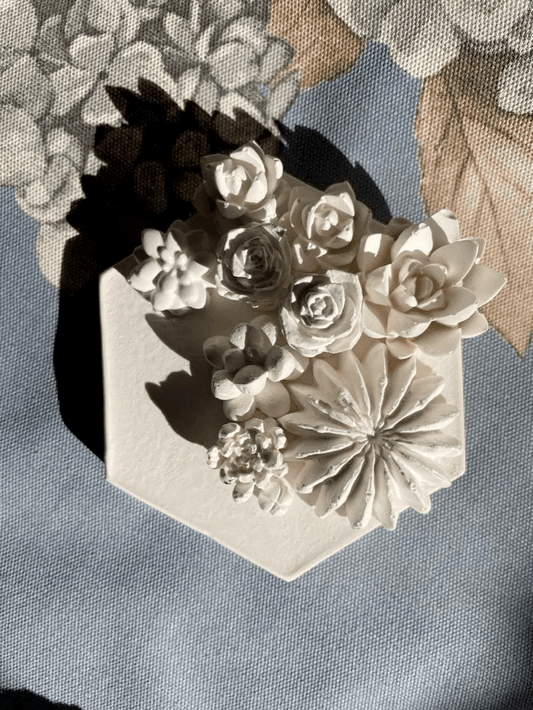Succulent Garden I — Hexagonal Botanical Cast Tile - Wall Hanging - Eclectic Blue Studio