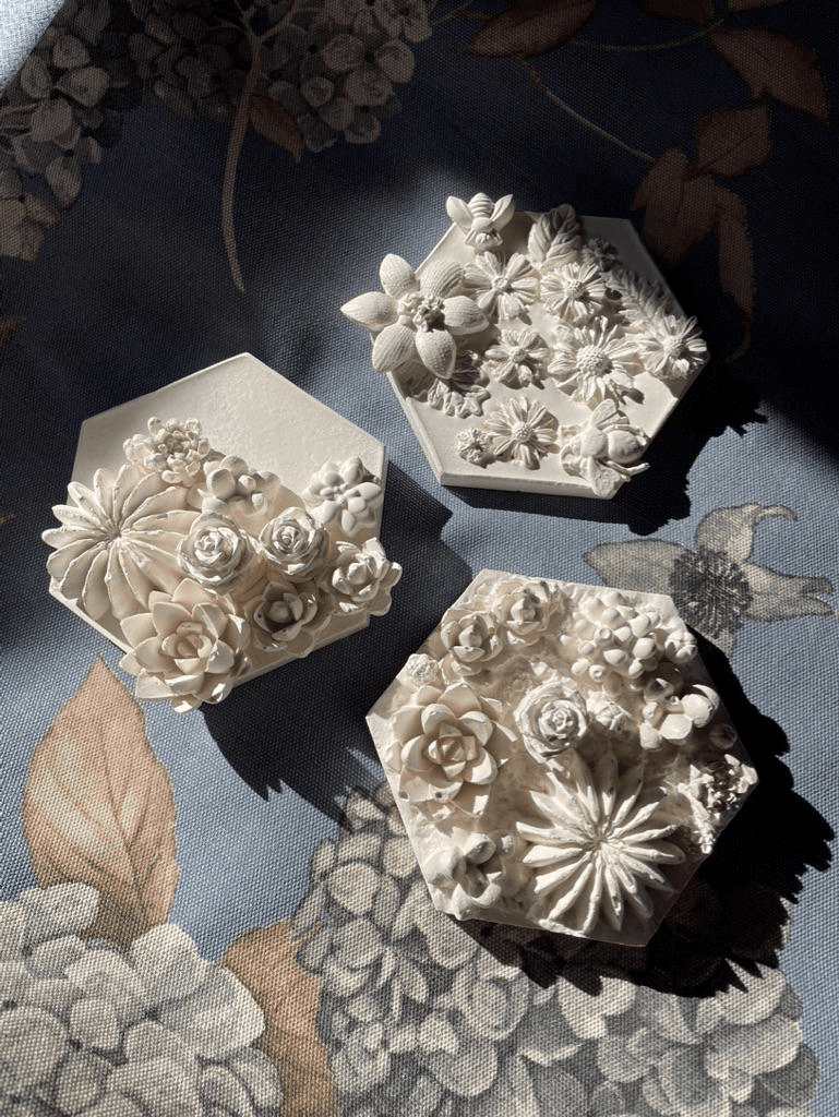 Daisy Garden — Hexagonal Botanical Cast Tile - Wall Hanging - Eclectic Blue Studio